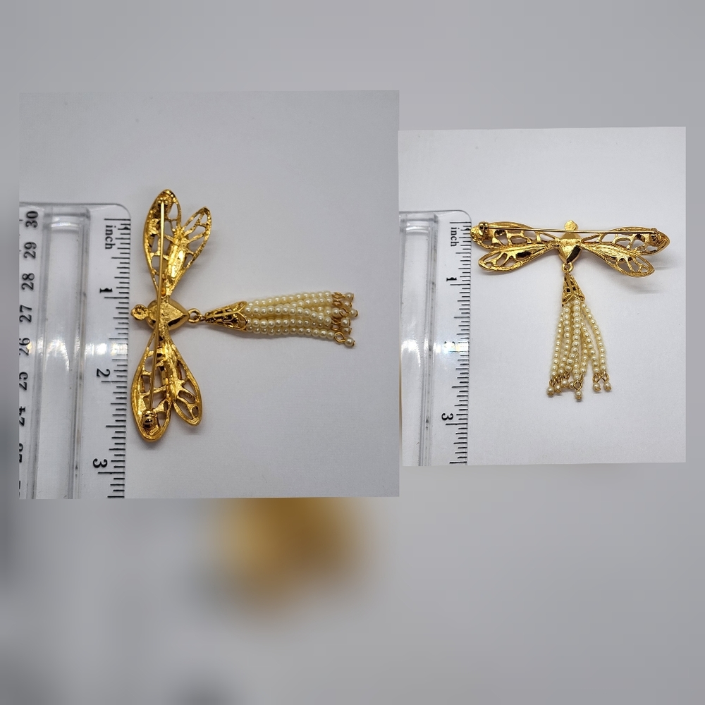 Avon Dragon Fly Gold & Faux Pearl Brooch Pendant - Picture 17 of 17